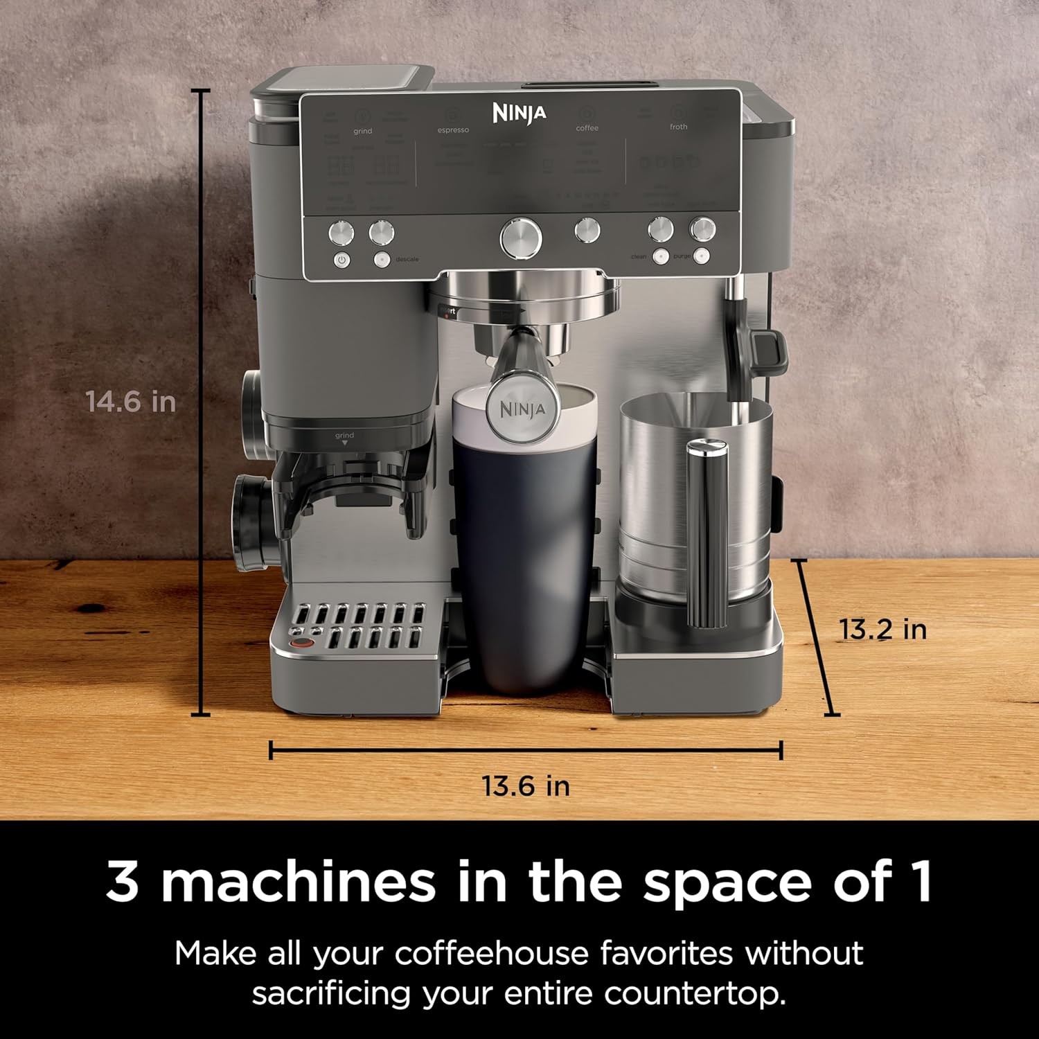 Ninja Luxe Cafe Premier Series, Espresso Machine, Drip Coffee, Rapid Cold Brew, Integrated Grinder, Hands-Free Frother, with Knock Box, Water Filter, Cleaning Tablets, Descaler, ES601GM