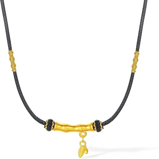 24K Solid Gold Pendant Necklace Real Gold Bamboo Pendant Adjustable Black Braided Necklace Dainty Jewelry for Men Father Anniversary Birthday 25.6-29.5"(65-75cm) A0414824
